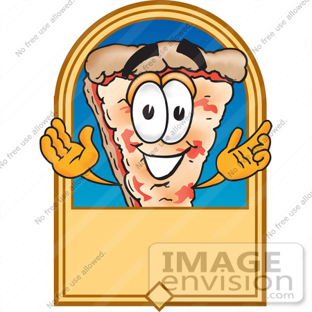 #28098 Clip Art Graphic of a Cheese Pizza Slice Cartoon Character on a Blank Tan Label by toons4biz