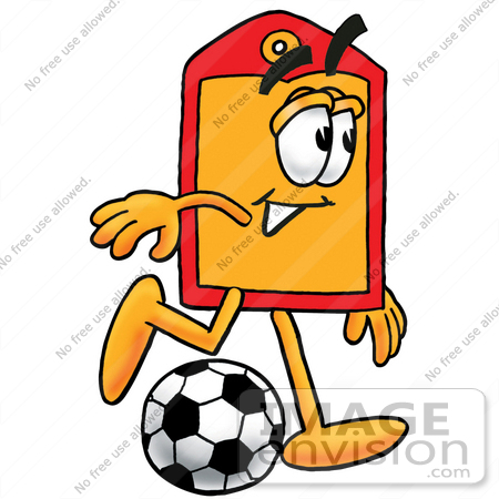 #28112 Clip Art Graphic of a Red and Yellow Sales Price Tag Cartoon Character Kicking a Soccer Ball by toons4biz
