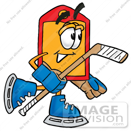 #28114 Clip Art Graphic of a Red and Yellow Sales Price Tag Cartoon Character Playing Ice Hockey by toons4biz