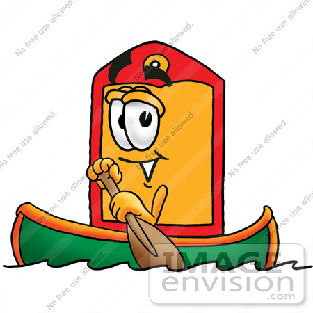#28116 Clip Art Graphic of a Red and Yellow Sales Price Tag Cartoon Character Rowing a Boat by toons4biz