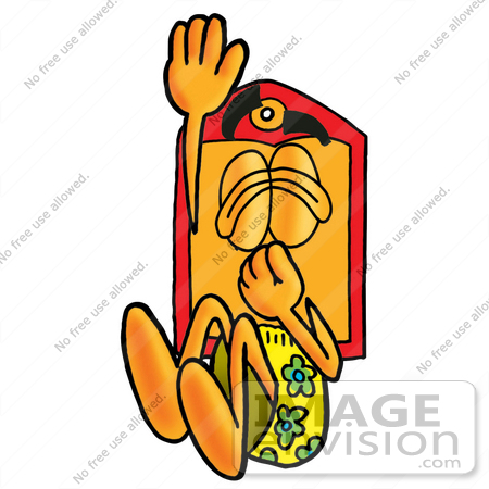 #28119 Clip Art Graphic of a Red and Yellow Sales Price Tag Cartoon Character Plugging His Nose While Jumping Into Water by toons4biz