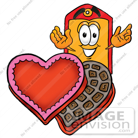#28120 Clip Art Graphic of a Red and Yellow Sales Price Tag Cartoon Character With an Open Box of Valentines Day Chocolate Candies by toons4biz