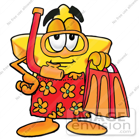 #28128 Clip Art Graphic of a Yellow Star Cartoon Character in Orange and Red Floral Shorts, Prepared to Snorkel by toons4biz