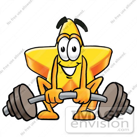 #28132 Clip Art Graphic of a Yellow Star Cartoon Character Lifting a Heavy Barbell by toons4biz