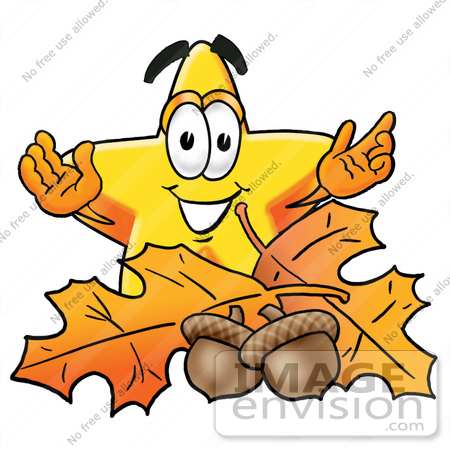 #28133 Clip Art Graphic of a Yellow Star Cartoon Character With Autumn Leaves and Acorns in the Fall by toons4biz