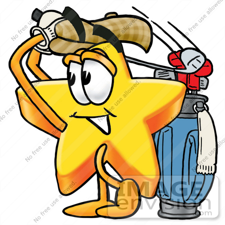 #28144 Clip Art Graphic of a Yellow Star Cartoon Character Swinging His Golf Club While Golfing by toons4biz