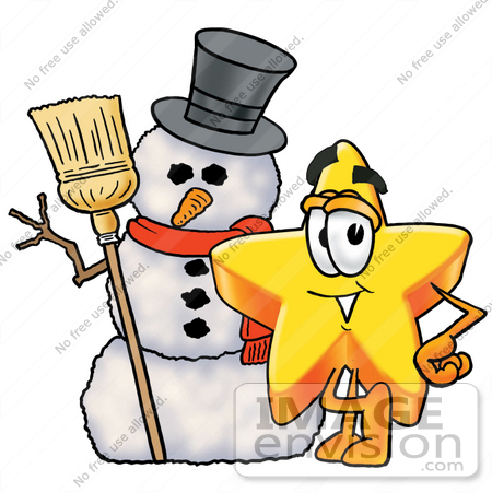 #28145 Clip Art Graphic of a Yellow Star Cartoon Character With a Snowman on Christmas by toons4biz