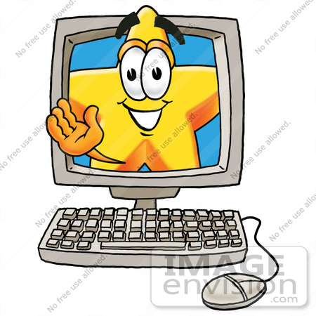 #28146 Clip Art Graphic of a Yellow Star Cartoon Character Waving From Inside a Computer Screen by toons4biz