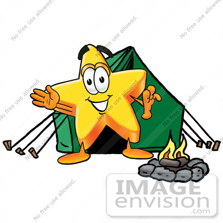 #28163 Clip Art Graphic of a Yellow Star Cartoon Character Camping With a Tent and Fire by toons4biz