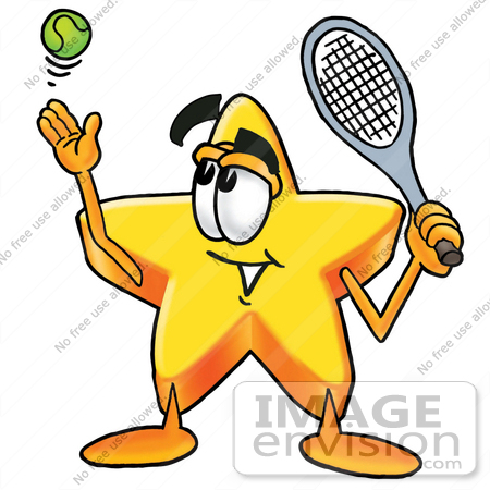 #28164 Clip Art Graphic of a Yellow Star Cartoon Character Preparing to Hit a Tennis Ball by toons4biz