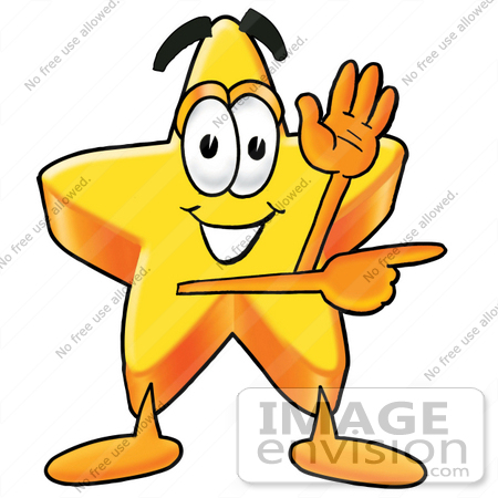 #28170 Clip Art Graphic of a Yellow Star Cartoon Character Waving and Pointing to the Right While Giving Directions by toons4biz