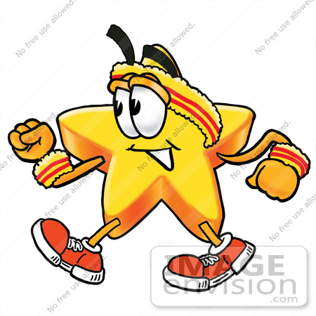 #28171 Clip Art Graphic of a Yellow Star Cartoon Character Speed Walking or Jogging by toons4biz