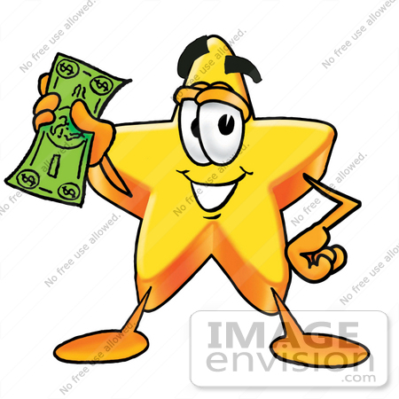 #28178 Clip Art Graphic of a Yellow Star Cartoon Character Holding a Dollar Bill by toons4biz