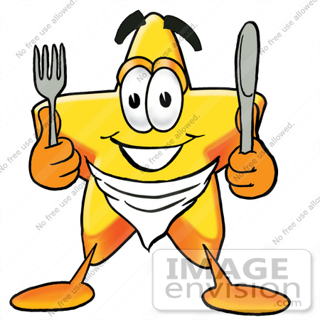 #28179 Clip Art Graphic of a Yellow Star Cartoon Character Holding a Knife and Fork by toons4biz