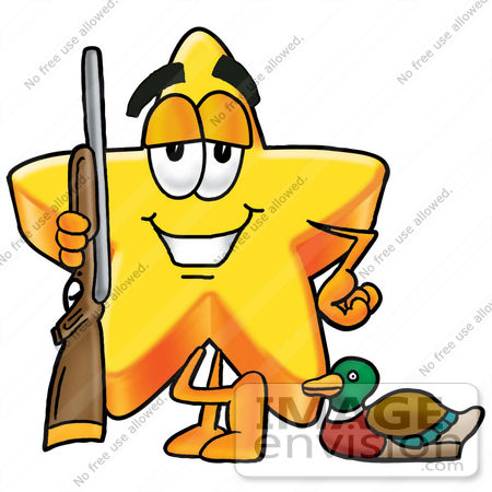 #28180 Clip Art Graphic of a Yellow Star Cartoon Character Duck Hunting, Standing With a Rifle and Duck by toons4biz