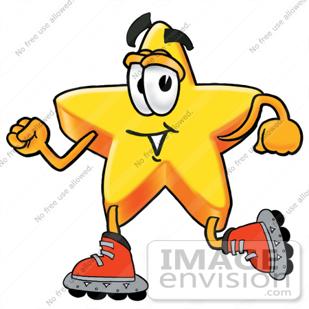 #28183 Clip Art Graphic of a Yellow Star Cartoon Character Roller Blading on Inline Skates by toons4biz