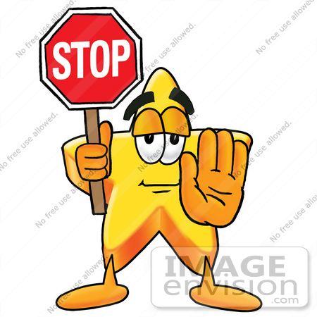 #28184 Clip Art Graphic of a Yellow Star Cartoon Character Holding a Stop Sign by toons4biz
