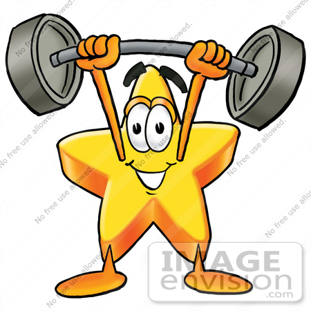 #28189 Clip Art Graphic of a Yellow Star Cartoon Character Holding a Heavy Barbell Above His Head by toons4biz