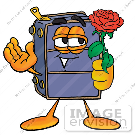#28195 Clip Art Graphic of a Suitcase Luggage Cartoon Character Holding a Red Rose on Valentines Day by toons4biz