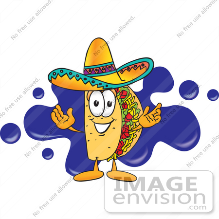 #28201 Clip Art Graphic of a Crunchy Hard Taco Character Wearing a Sombrero and Standing in Front of a Blue Paint Splatter on a Logo by toons4biz