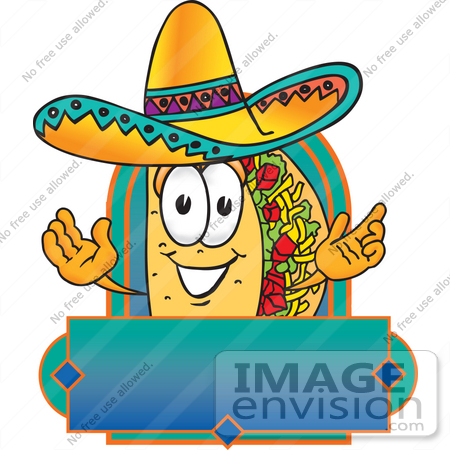 #28202 Clip Art Graphic of a Crunchy Hard Taco Character Wearing a Sombrero on a Blank Label by toons4biz