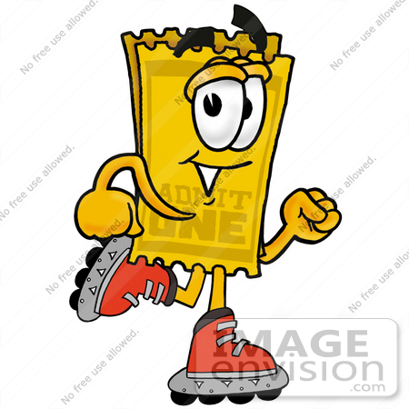 #28209 Clip Art Graphic of a Golden Admission Ticket Character Roller Blading on Inline Skates by toons4biz