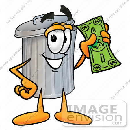 #28225 Clip Art Graphic of a Metal Trash Can Cartoon Character Holding a Dollar Bill by toons4biz