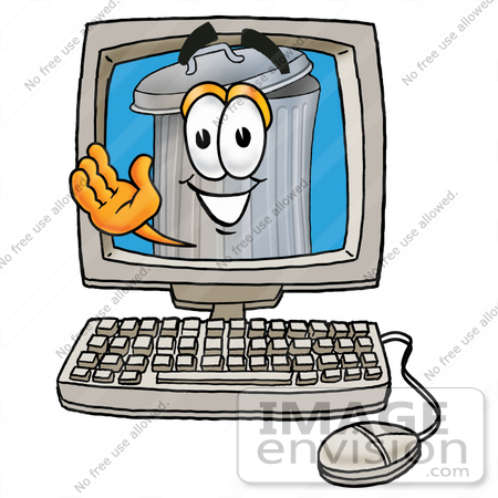 #28228 Clip Art Graphic of a Metal Trash Can Cartoon Character Waving From Inside a Computer Screen by toons4biz