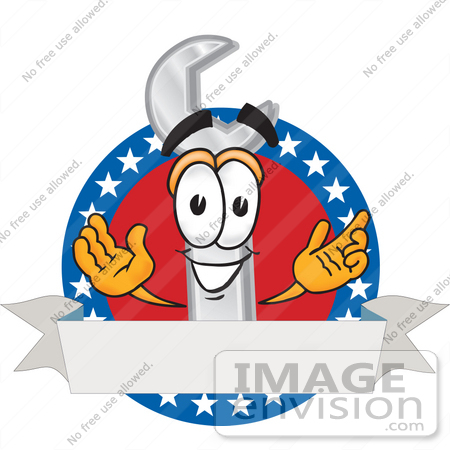 #28231 Clip Art Graphic of a Wrench Tool Character on a Blank American Logo Label With Stars by toons4biz