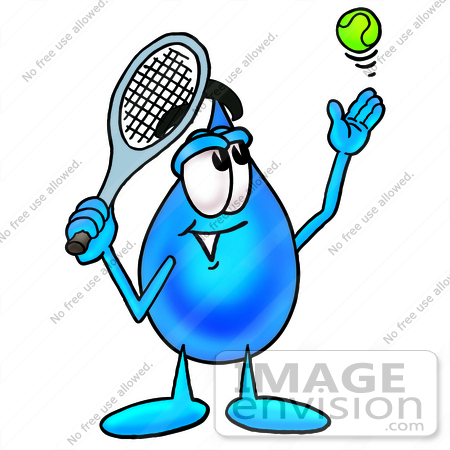 #28234 Clip Art Graphic of a Blue Waterdrop or Tear Character Preparing to Hit a Tennis Ball by toons4biz