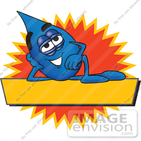 #28240 Clip Art Graphic of a Blue Waterdrop or Tear Character Reclining Over a Blank Yellow Banner in Front of a Burst on a Label by toons4biz