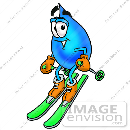#28242 Clip Art Graphic of a Blue Waterdrop or Tear Character Skiing Downhill by toons4biz
