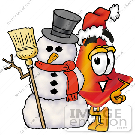 #28367 Clip Art Graphic of a Construction Traffic Cone Cartoon Character With a Snowman on Christmas by toons4biz