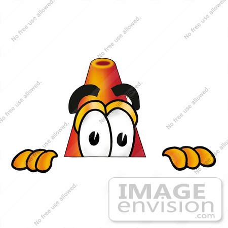 #28372 Clip Art Graphic of a Construction Traffic Cone Cartoon Character Surfing on a Blue and Yellow Surfboard by toons4biz