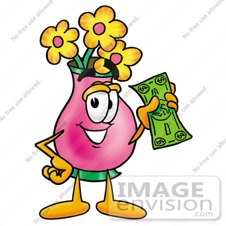 #28382 Clip Art Graphic of a Pink Vase And Yellow Flowers Cartoon Character Holding a Dollar Bill by toons4biz