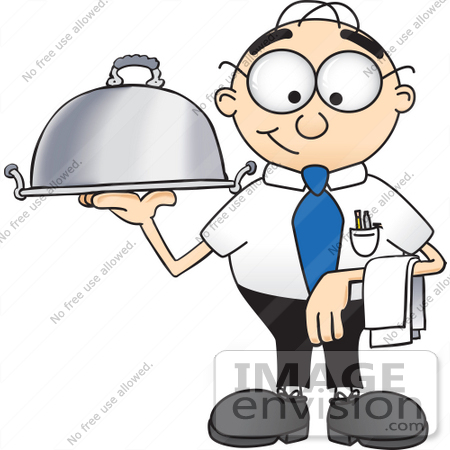 #28408 Clip Art Graphic of a Geeky Caucasian Businessman Cartoon Character Serving a Platter by toons4biz