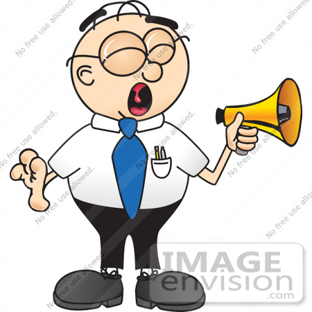 #28413 Clip Art Graphic of a Geeky Caucasian Businessman Cartoon Character Screaming Into a Megaphone by toons4biz