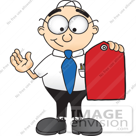 #28414 Clip Art Graphic of a Geeky Caucasian Businessman Cartoon Character Holding a Red Sales Price Tag by toons4biz