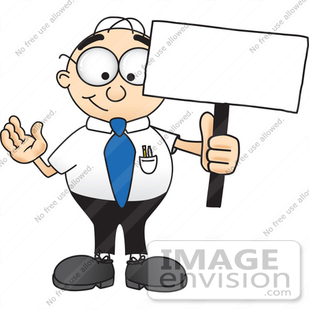 #28421 Clip Art Graphic of a Geeky Caucasian Businessman Cartoon Character Holding a Blank Sign by toons4biz