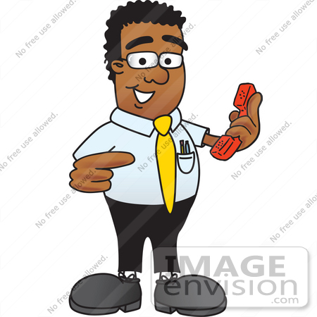 #28446 Clip Art Graphic of a Geeky African American Businessman Cartoon Character Holding a Telephone by toons4biz