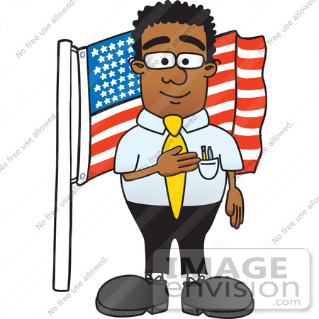 #28451 Clip Art Graphic of a Geeky African American Businessman Cartoon Character Pledging Allegiance to an American Flag by toons4biz