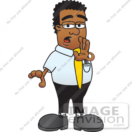 #28454 Clip Art Graphic of a Geeky African American Businessman Cartoon Character Whispering and Gossiping by toons4biz