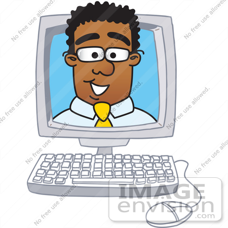 #28472 Clip Art Graphic of a Geeky African American Businessman Cartoon Character Inside a Computer Screen by toons4biz