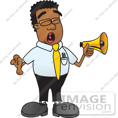 #28485 Clip Art Graphic of a Geeky African American Businessman Cartoon Character Screaming Into a Megaphone by toons4biz