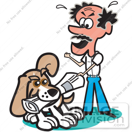 #28971 Cartoon Clip Art Graphic of a Frustrated Man Sweating and Turning Red While Trying to Get His Newspaper From His Stubborn Dog by Andy Nortnik