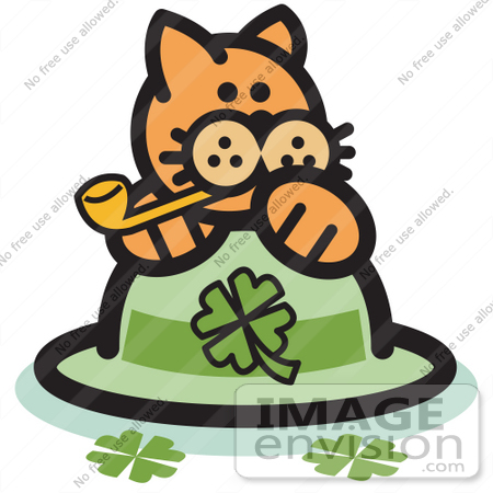 #29040 Royalty-free Cartoon Clip Art of an Orange Cat On A Clover St Patrick’s Day Hat, Smoking A Pipe by Andy Nortnik