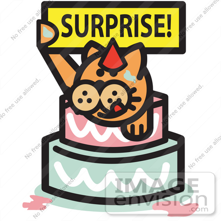 #29057 Royalty-free Cartoon Clip Art of a Ginger Cat Holding A Surprise Sign And Popping Out Of A Birthday Cake by Andy Nortnik