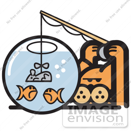 #29058 Royalty-free Cartoon Clip Art of an Orange Cat Trying To Fool Goldfish In A Bowl By Using A Mouse As A Fishing Lure by Andy Nortnik
