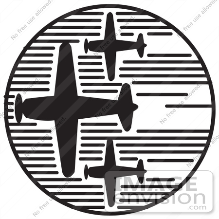 #29089 Royalty-free Black And White Cartoon Clip Art of Three Airplanes Speeding Through The Sky During An Air Show On Independence Day by Andy Nortnik