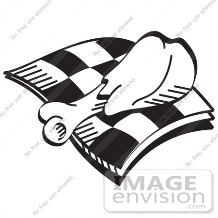 #29093 Royalty-free Black And White Cartoon Clip Art of a Tasty Chicken Drumstick on a Checkered Napkin by Andy Nortnik